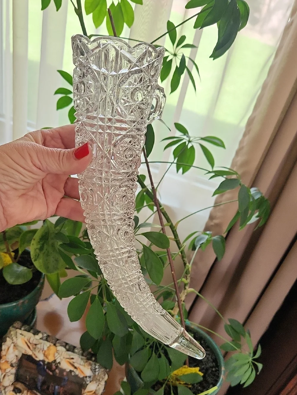 EAPG Glass Hanging Cornucopia Horn Vase Epergne Hobstar Daisy